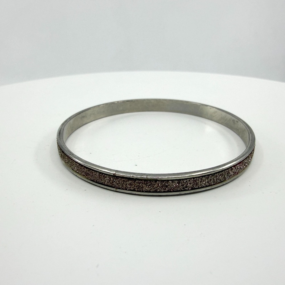 Minimalist Silver Tone Glitter Bangle Bracelet Stackable Slim Band Everyday Chic